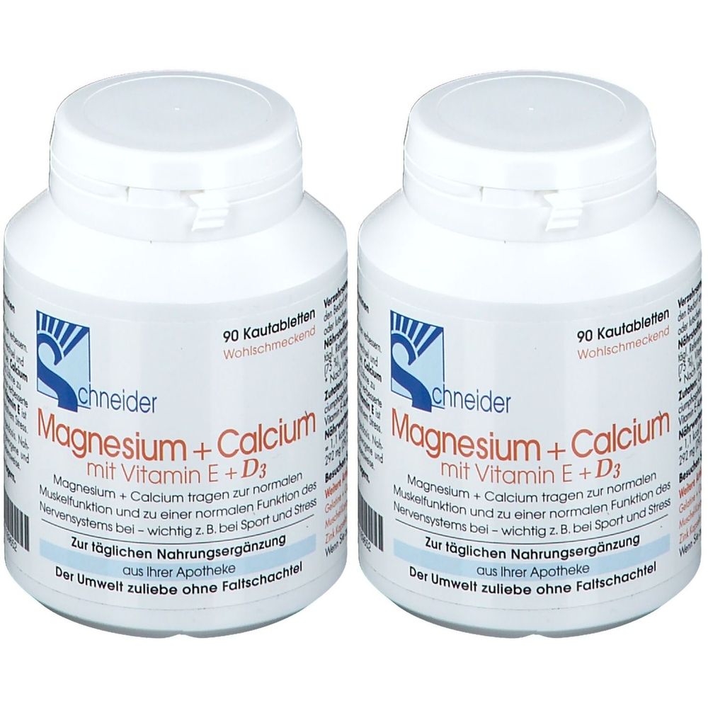 Zwei weiße Flaschen mit Schraubverschluss. Aufschrift: Magnesium + Calcium mit Vitamin E + D3. 90 Kautabletten. Marke: Schneider.