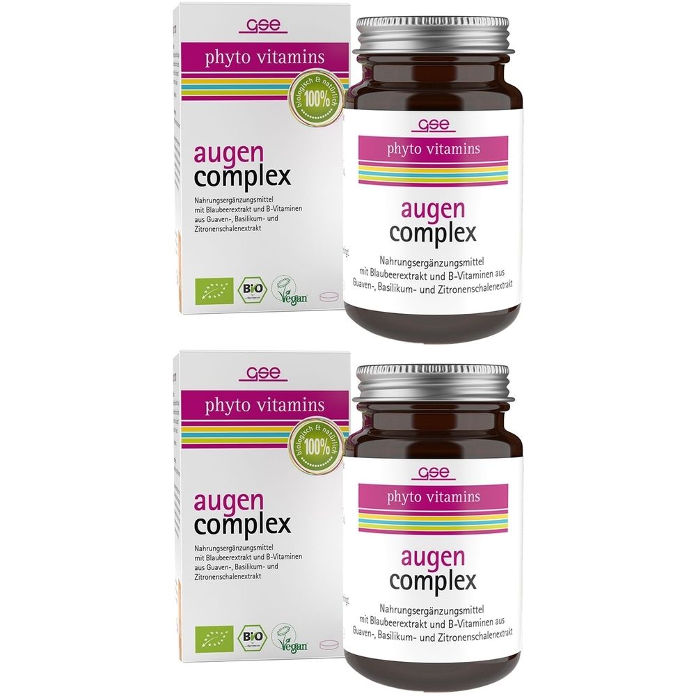 Zwei Flaschen und zwei Kartons mit Nahrungsergänzungsmittel. Aufschrift: phyto vitamins Augen Complex. Bio-Siegel.