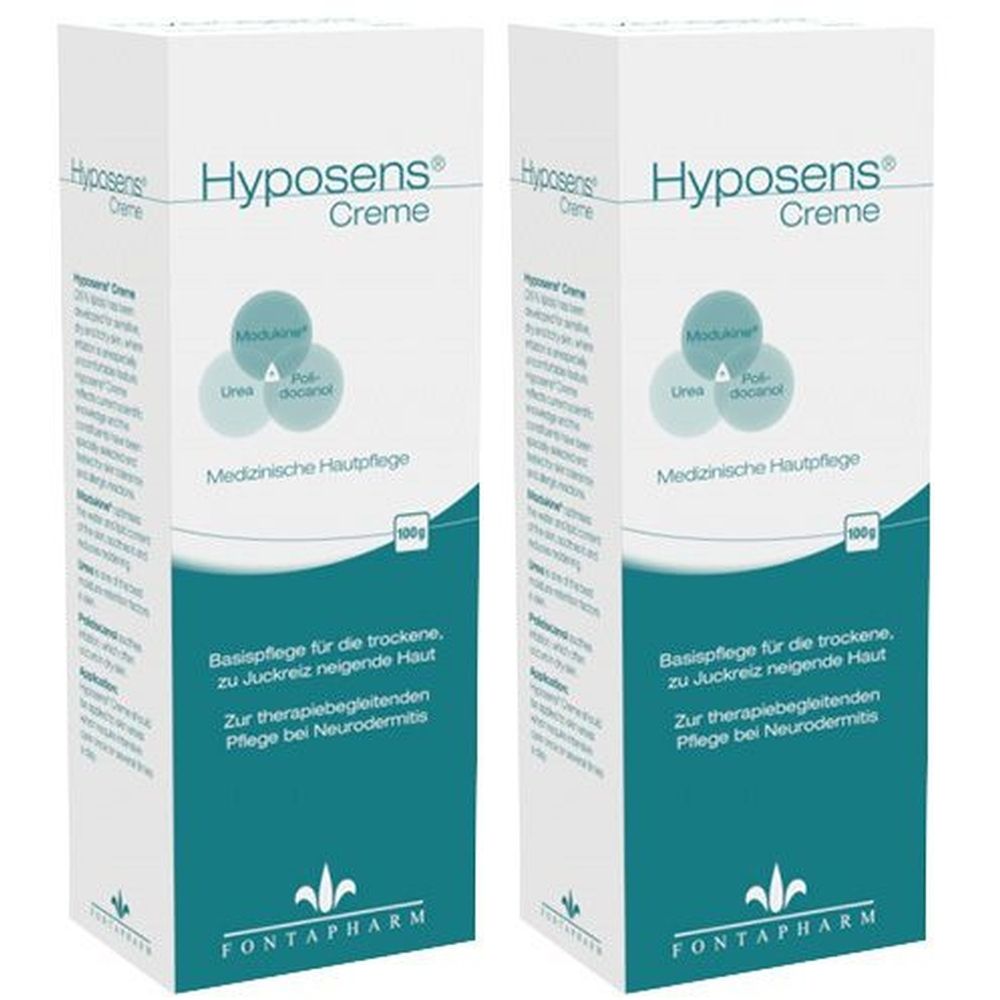 Zwei weiße Kartons mit Produktaufdruck. Aufschrift: Hyposens Creme. Medizinische Hautpflege. Text in Türkis. 100g.