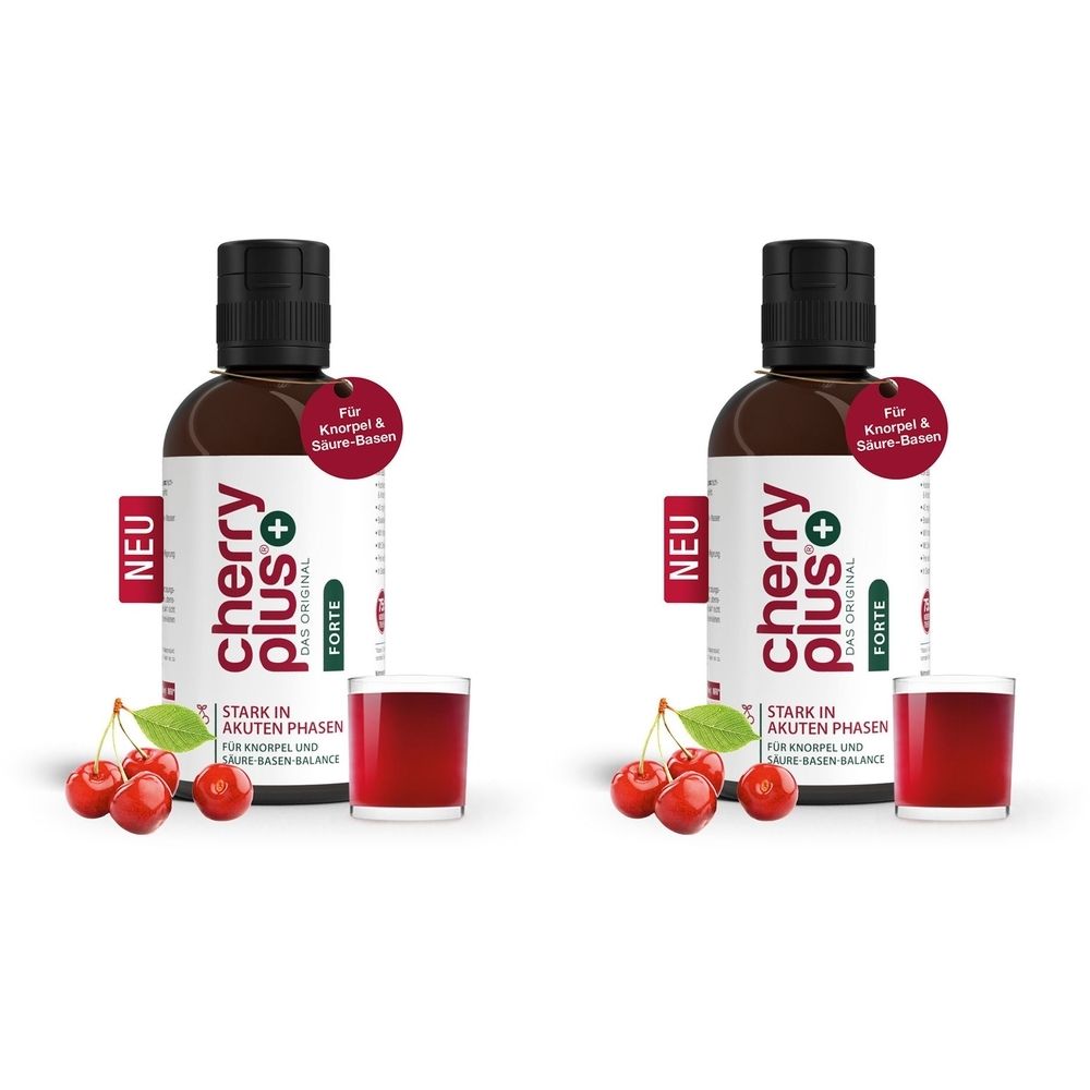 Zwei Flaschen Cherry Plus Forte Konzentrat mit Kirschen und Gläsern. Aufschrift: Cherry Plus Forte, Neu. Runder Aufkleber: Für Knorpel & Säure-Basen.