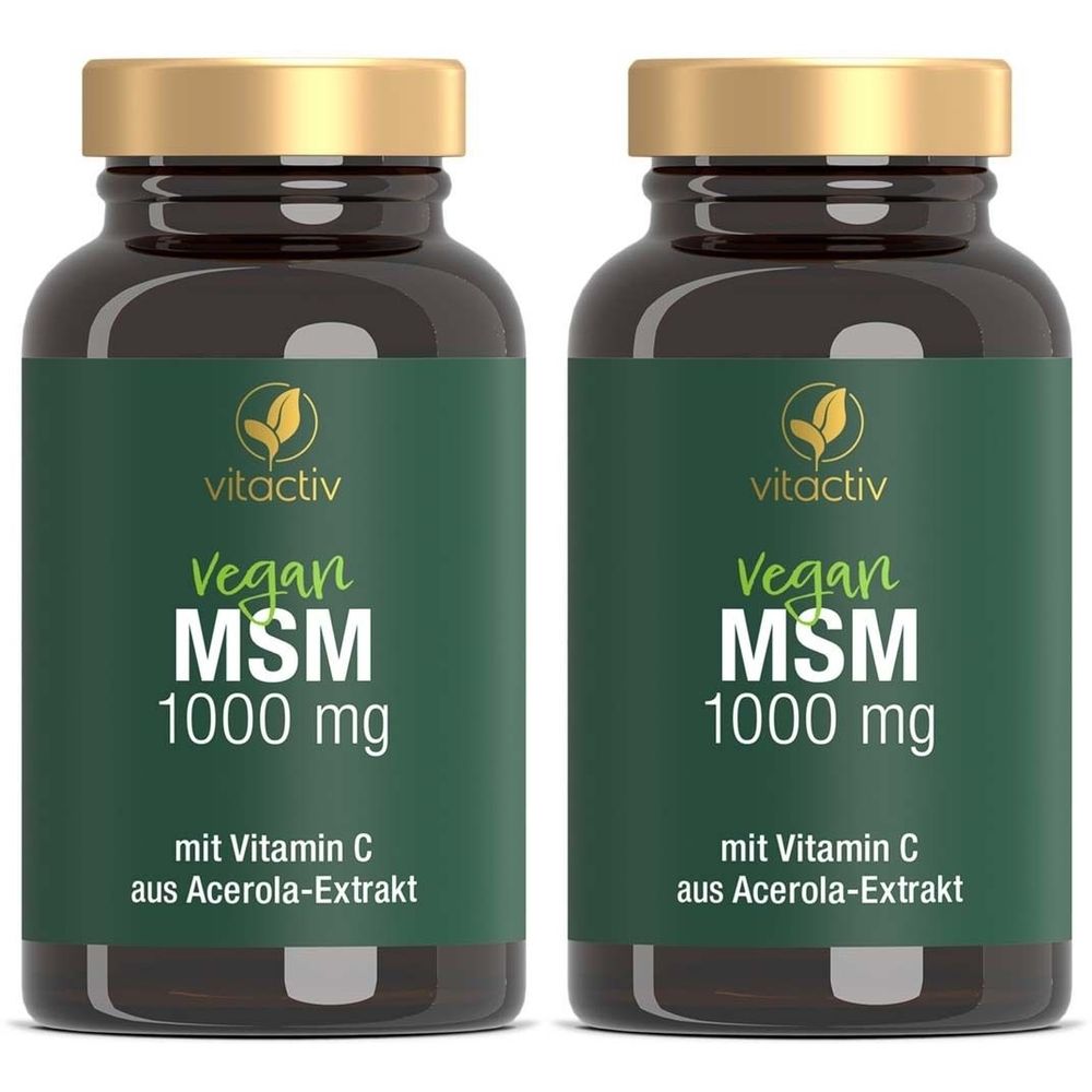 Zwei braune Flaschen mit goldfarbenen Deckeln. Auf den grünen Etiketten steht "vitactiv Vegan MSM 1000 mg mit Vitamin C aus Acerola-Extrakt".