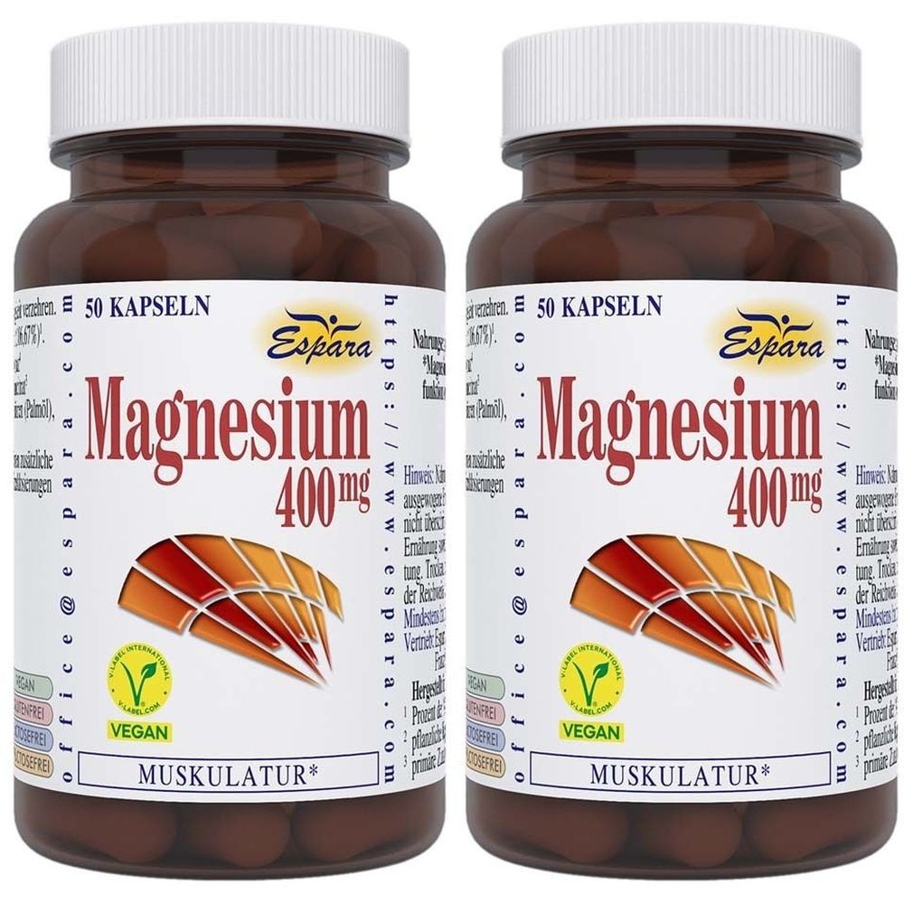 Zwei braune Flaschen mit weißen Deckeln. Aufschrift: Magnesium 400 mg, Espara. Vegan-Siegel. Aufschrift: 50 Kapseln.