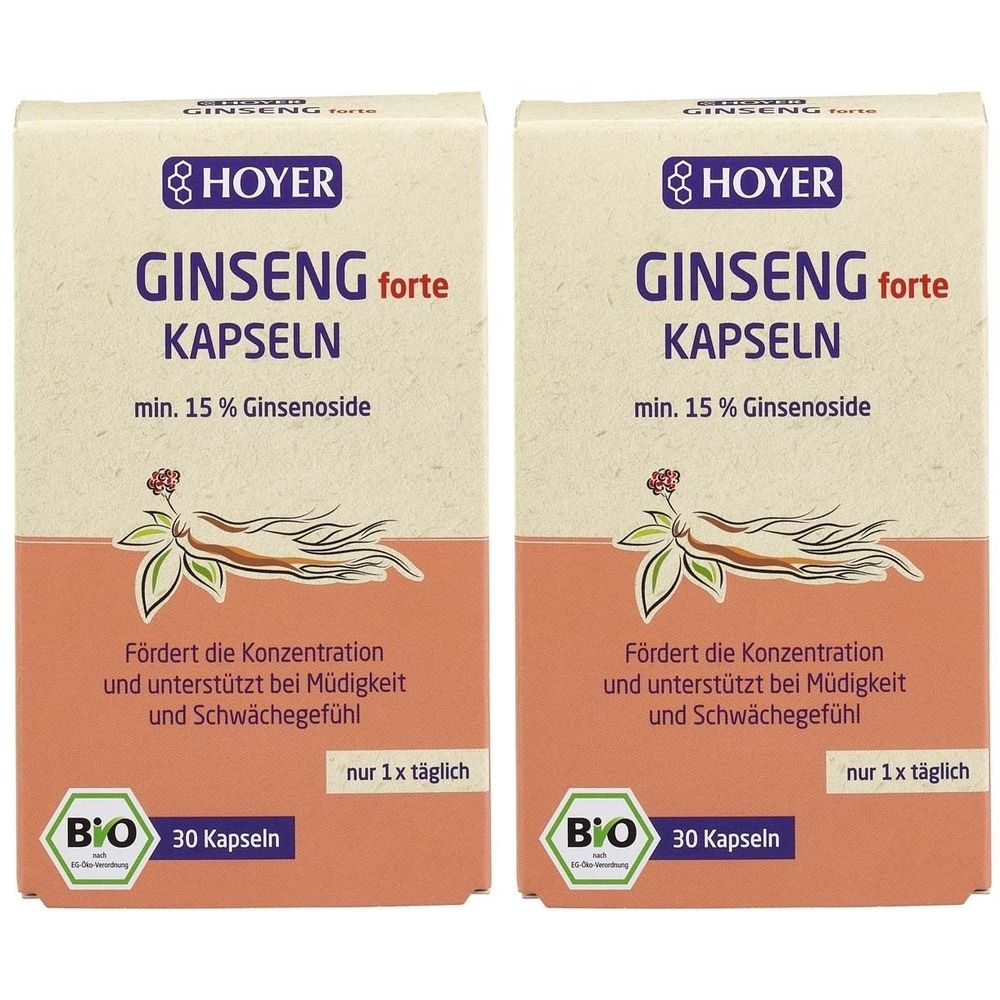 Zwei identische Kartons mit HOYER Ginseng forte Kapseln. Aufschrift: BIO, 30 Kapseln. Enthält Ginsenoside. Fördert Konzentration.