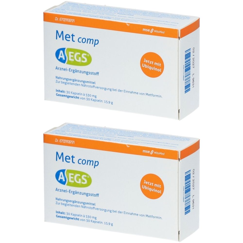 Zwei Schachteln AEGS Met comp. Aufschrift: Arznei-Ergänzungsstoff. Mit Ubiquinol. Gesamtgewicht 15,9g. Enthält 30 Kapseln.
