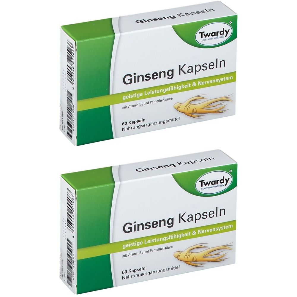 Zwei Schachteln mit Ginseng Kapseln. Aufschrift: Twardy, Ginseng Kapseln, 60 Kapseln, Nahrungsergänzungsmittel. Grün-weiße Verpackung.