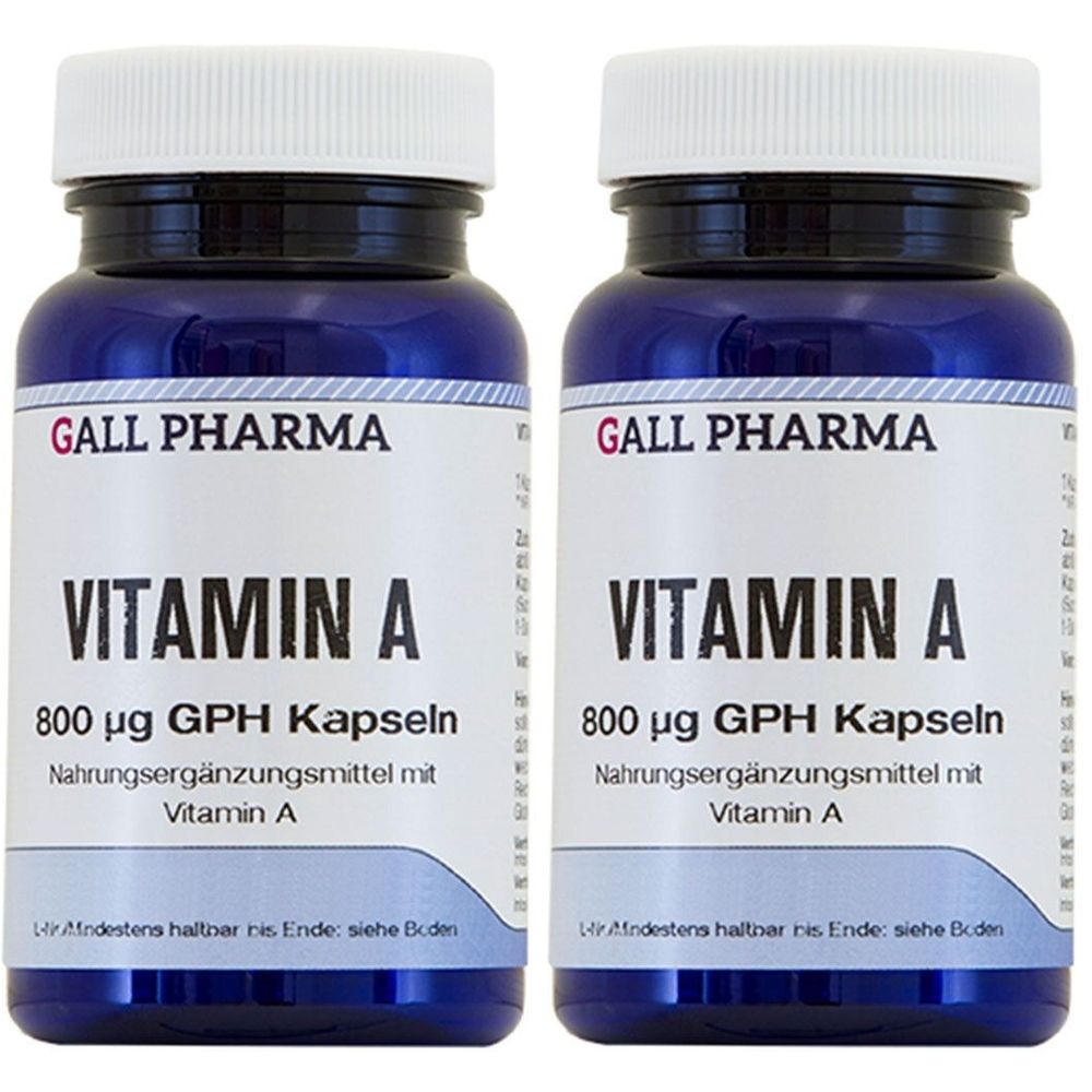 Zwei Flaschen GALL PHARMA Vitamin A Kapseln. Blaue Flaschen mit weißem Deckel. Aufschrift: Vitamin A, 800 µg GPH Kapseln.