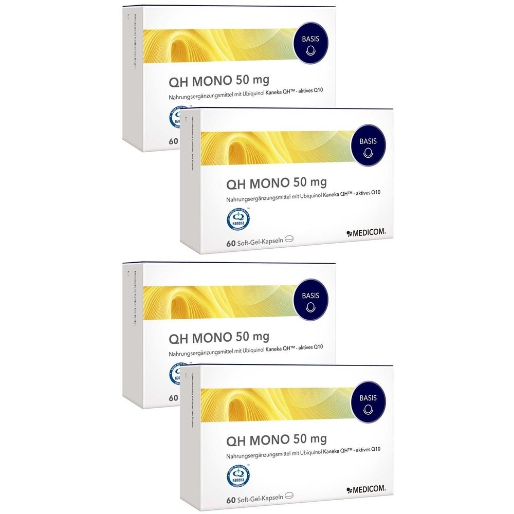 Mehrere Schachteln mit QH MONO 50 mg. Aufschrift: Nahrungsergänzungsmittel mit Ubiquinol Kaneka QH™. Jede Schachtel enthält 60 Soft Gel-Kapseln.