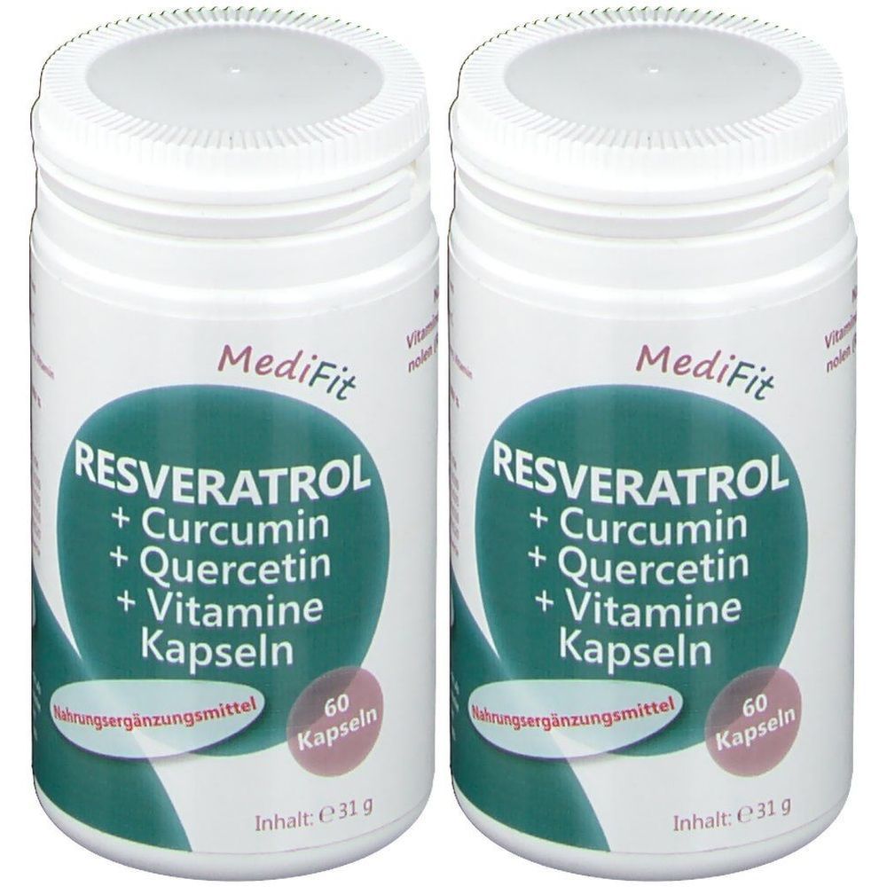 Zwei weiße Flaschen mit Schraubverschluss. Aufschrift: MediFit, Resveratrol + Curcumin + Quercetin + Vitamine Kapseln. 60 Kapseln. Nahrungsergänzungsmittel.