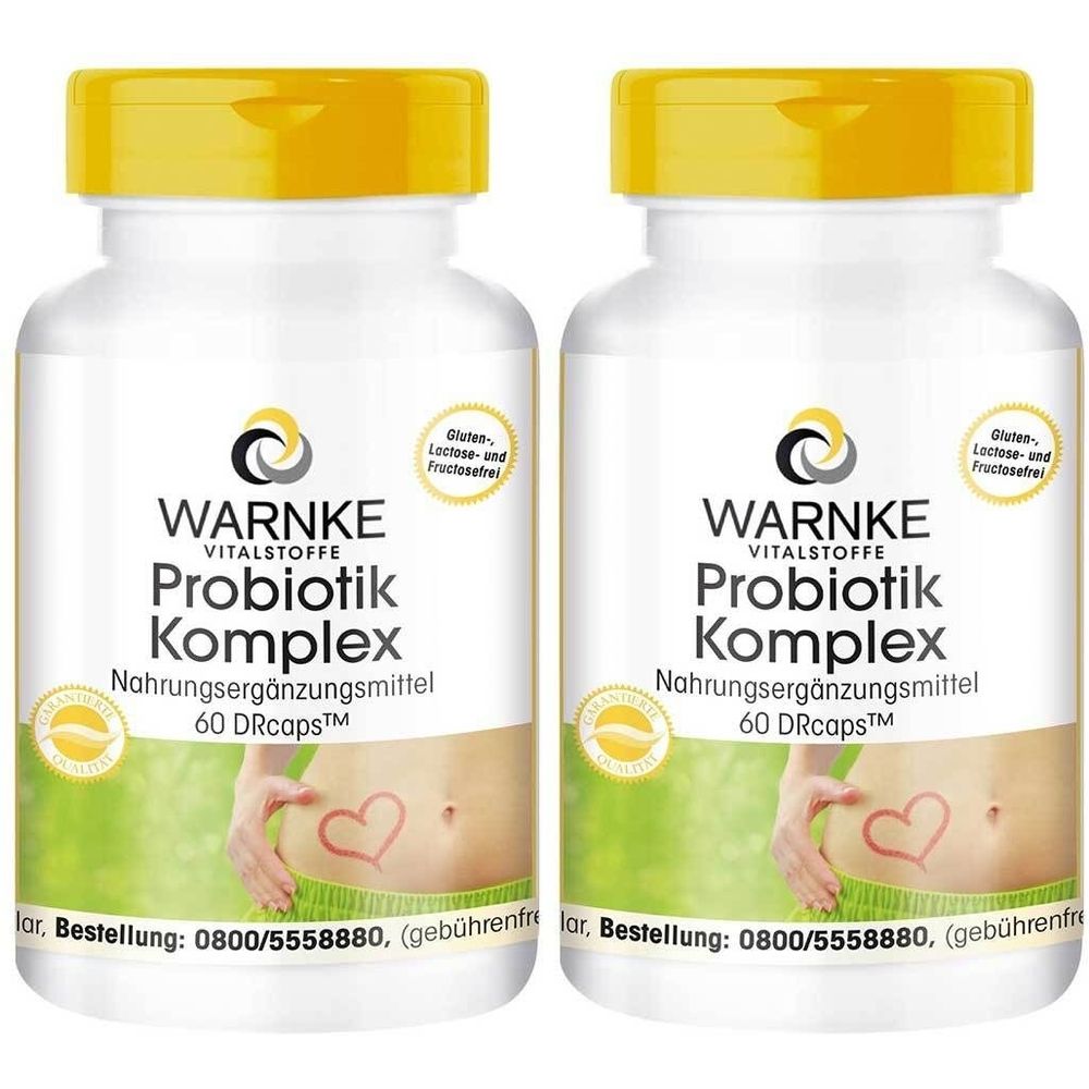 Zwei weiße Flaschen mit gelben Deckeln. Aufschrift: Warnke Vitalstoffe Probiotik Komplex. Nahrungsergänzungsmittel. 60 DRcaps. Bauch mit Herz.