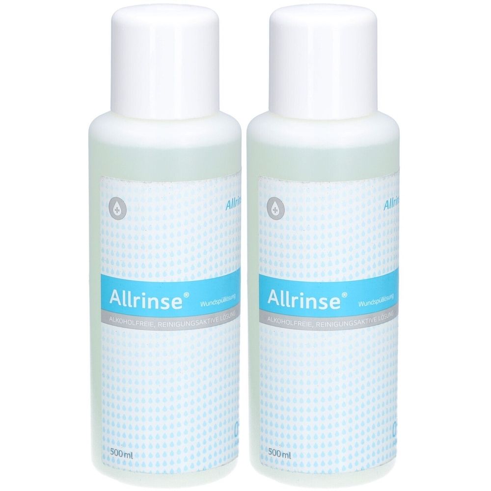 Zwei Flaschen Allrinse® Wundspüllösung. Weiße Deckel, blaue Etiketten mit Produktnamen und Logo. Klare Flüssigkeit sichtbar.