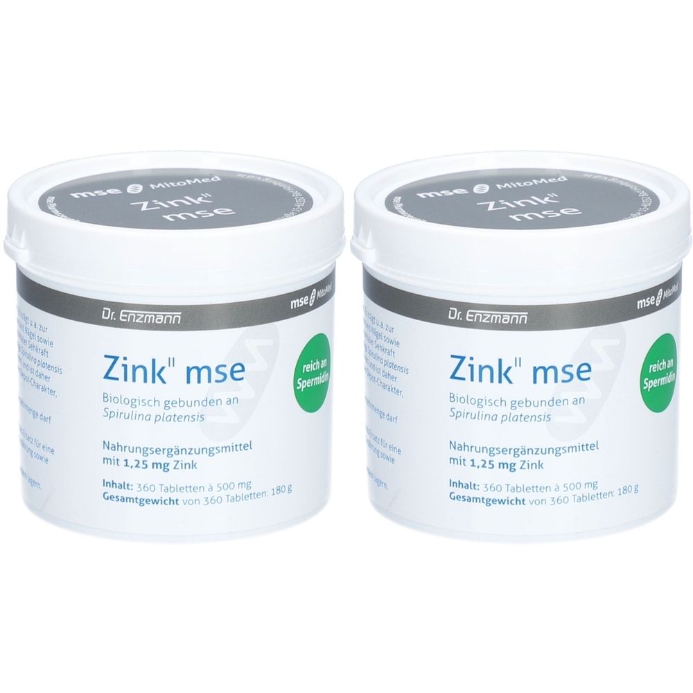 Zwei weiße Dosen mit Deckel. Aufschrift: Zink mse, Nahrungsergänzungsmittel mit 1,25 mg Zink. Aufschrift: Biologisch gebunden an Spirulina platensis.