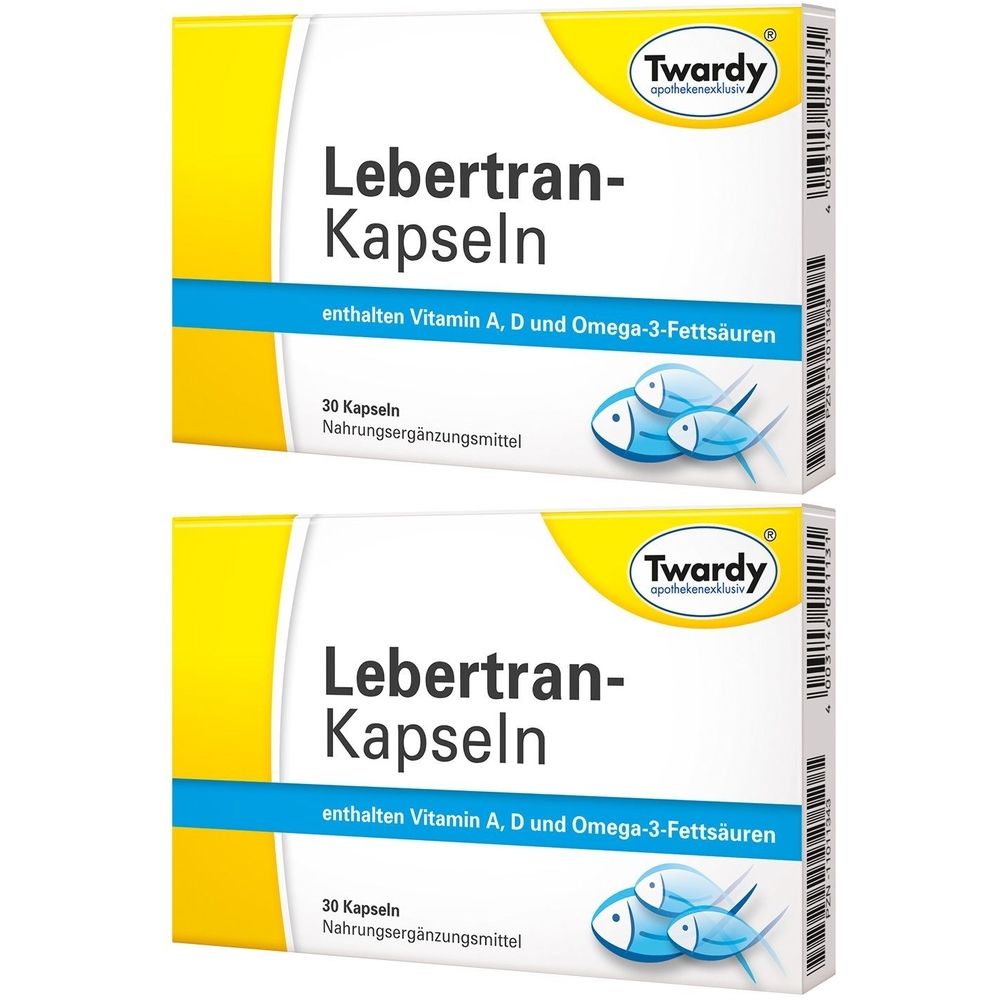 Zwei Schachteln mit Kapseln. Aufschrift: Lebertran-Kapseln, enthält Vitamin A, D und Omega-3-Fettsäuren. Marke: Twardy.