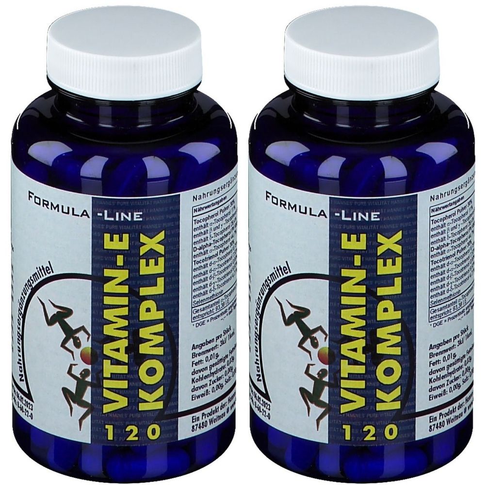 Zwei blaue Flaschen mit weißen Deckeln. Aufschrift: Vitamin-E Komplex, 120. Auf der Flasche sind weitere Informationen und ein Logo abgebildet.