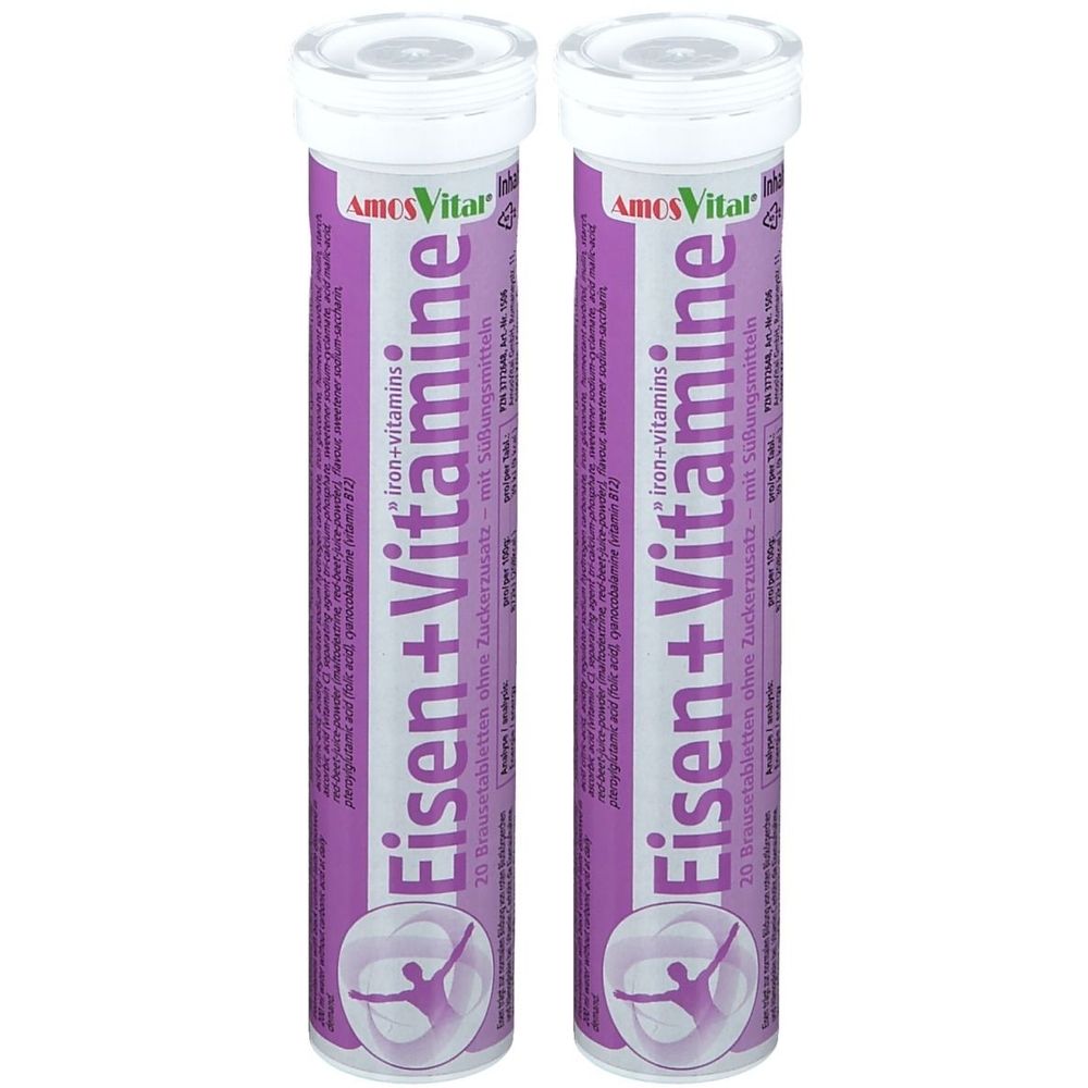 Zwei Tuben mit Brausetabletten. Aufschrift: Eisen+Vitamine. Marke: AmosVital. Lila und weiße Verpackung.