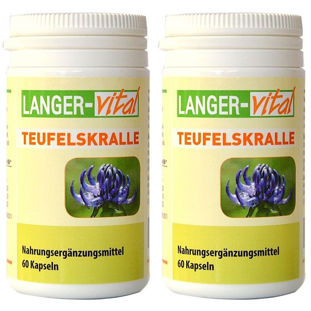 Zwei weiße Flaschen mit Schraubverschluss. Aufschrift: LANGER-vital, Teufelskralle, Nahrungsergänzungsmittel, 60 Kapseln. Abbildung einer Blume.