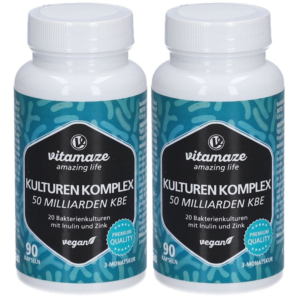 Zwei weiße Flaschen mit blau-schwarzem Etikett. Aufschrift: Kulturen Komplex, 50 Milliarden KBE, 20 Bakterienkulturen, vegan, Premium Quality.