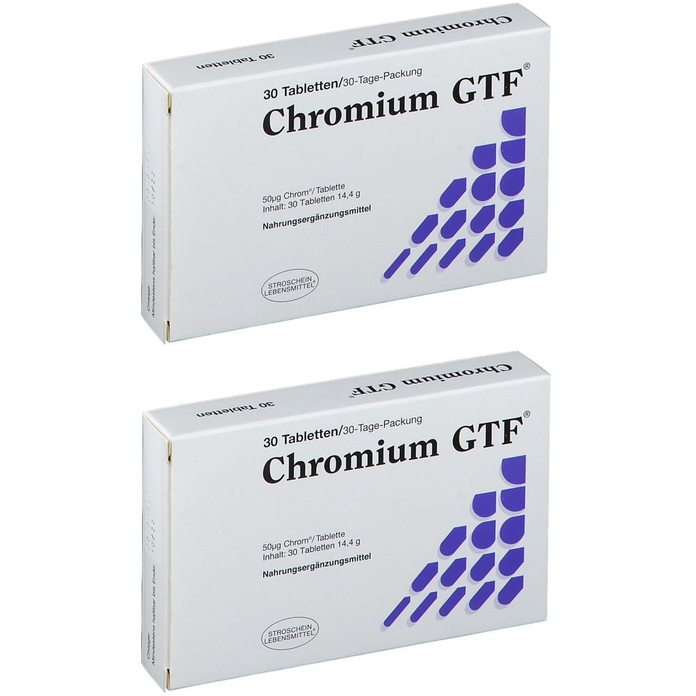 Zwei weiße Schachteln mit der Aufschrift "Chromium GTF". Auf jeder Schachtel steht "30 Tabletten/30-Tage-Packung".