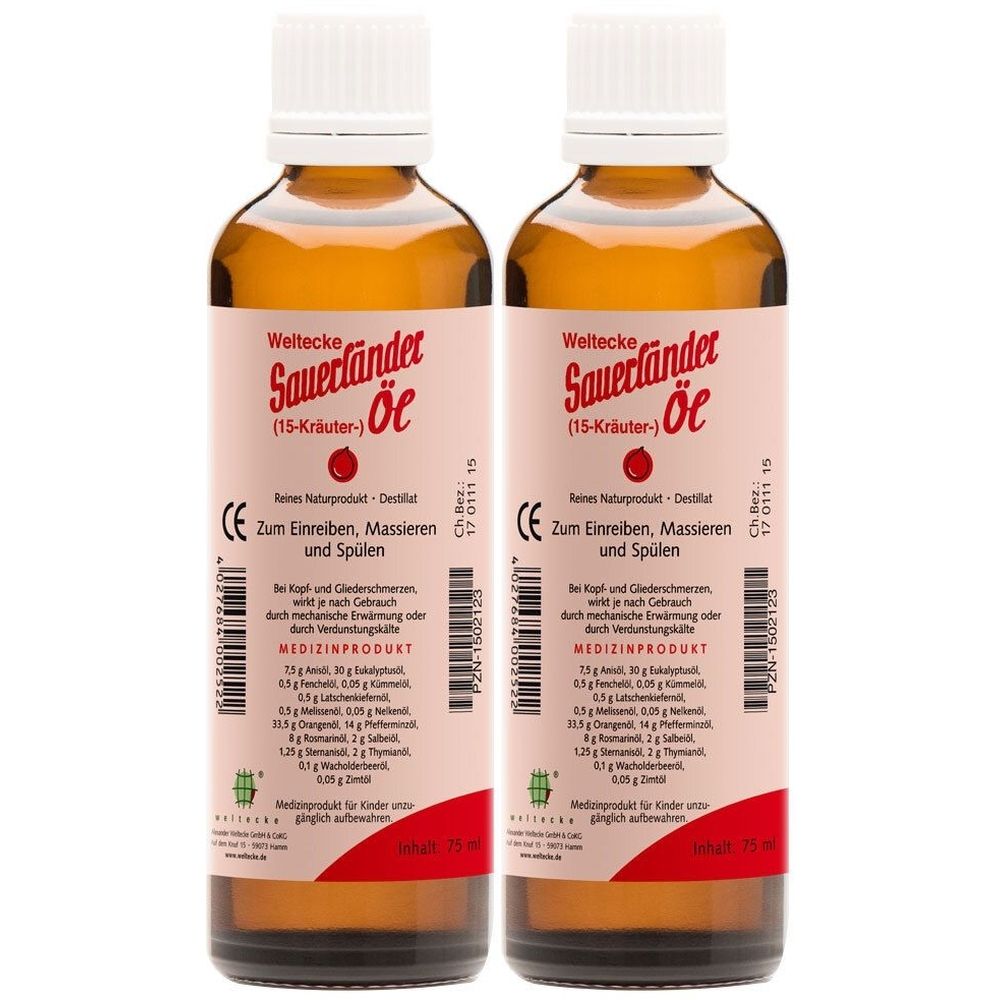 Zwei braune Glasflaschen mit weißem Verschluss. Auf den Etiketten steht "Weltecke Sauerländer Öl (15-Kräuter-) ". Medizinprodukt.