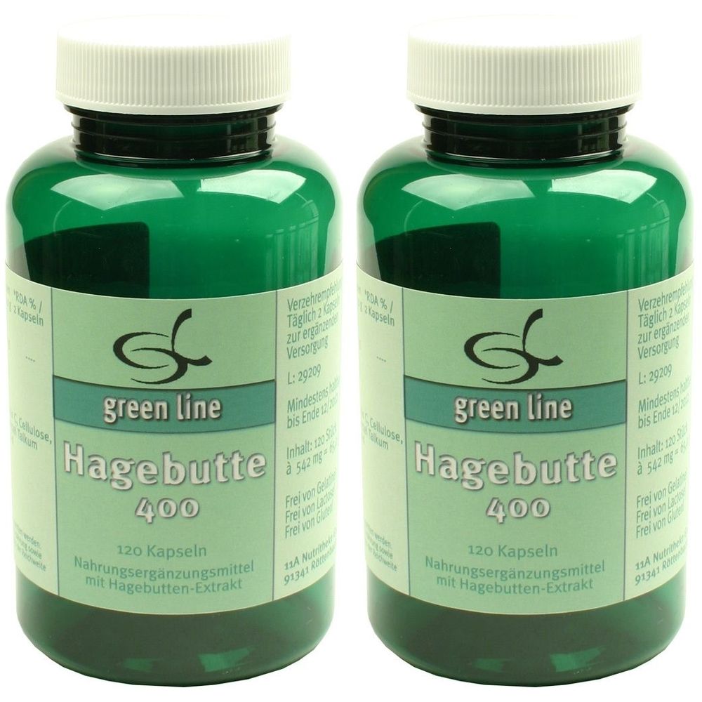 Zwei grüne Flaschen mit weißem Deckel. Aufschrift: green line Hagebutte 400, 120 Kapseln. Nahrungsergänzungsmittel.