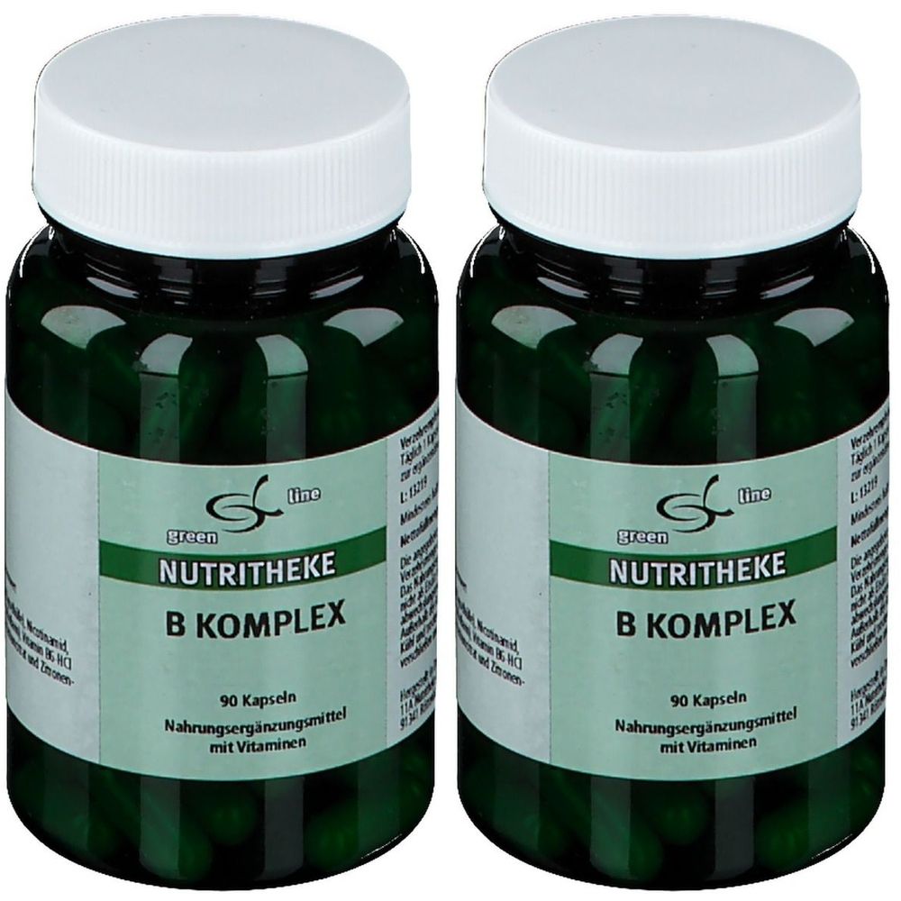 Zwei grüne Flaschen mit weißen Deckeln. Aufschrift: Green Nutritheke B Komplex, 90 Kapseln. Nahrungsergänzungsmittel mit Vitaminen.