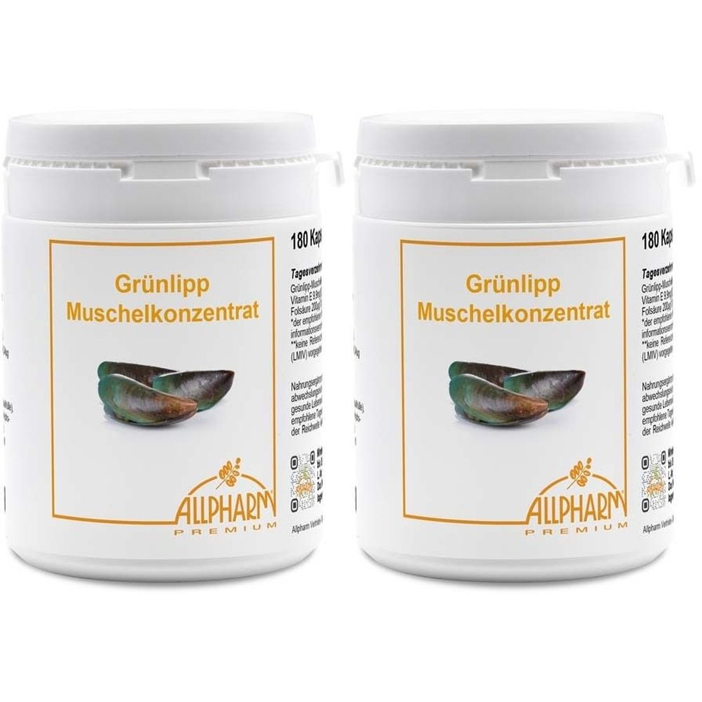 Zwei weiße Behälter mit Aufschrift Grünlipp Muschelkonzentrat. Logo ALLPHARM PREMIUM. Abbildung von Muscheln.