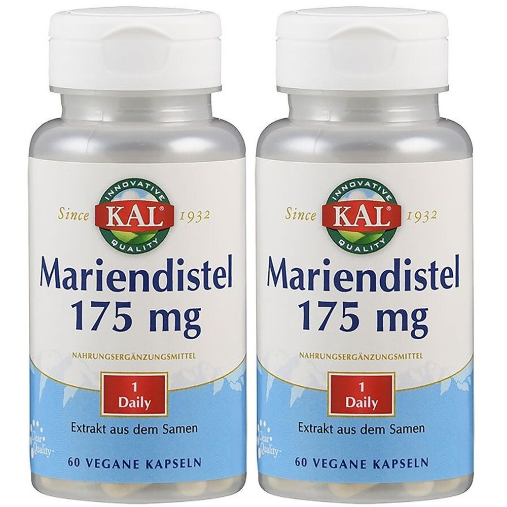 Zwei Flaschen Mariendistel-Extrakt 175 mg. Weiße Kappen, silberne Flaschen, blaue Etiketten. Marke: KAL. 60 vegane Kapseln.