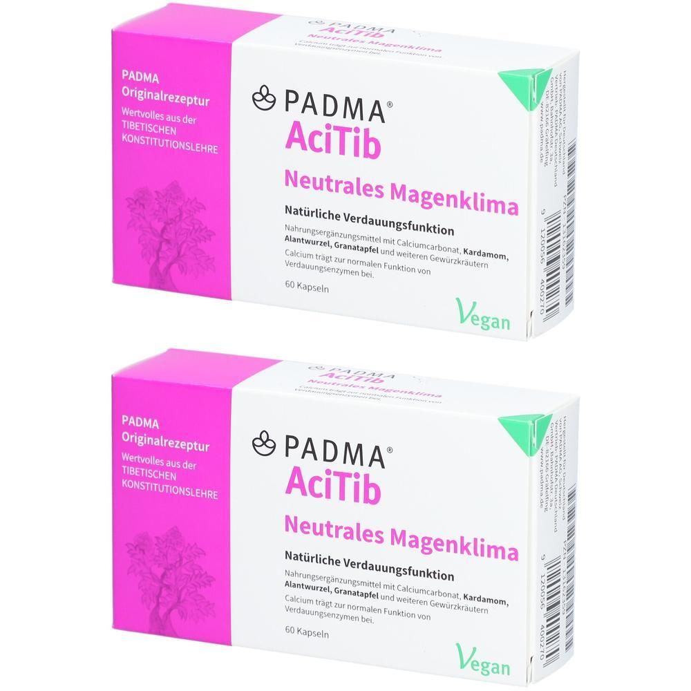Zwei Schachteln PADMA AciTib Kapseln. Vorderseite zeigt Produktnamen und "Neutrales Magenklima".