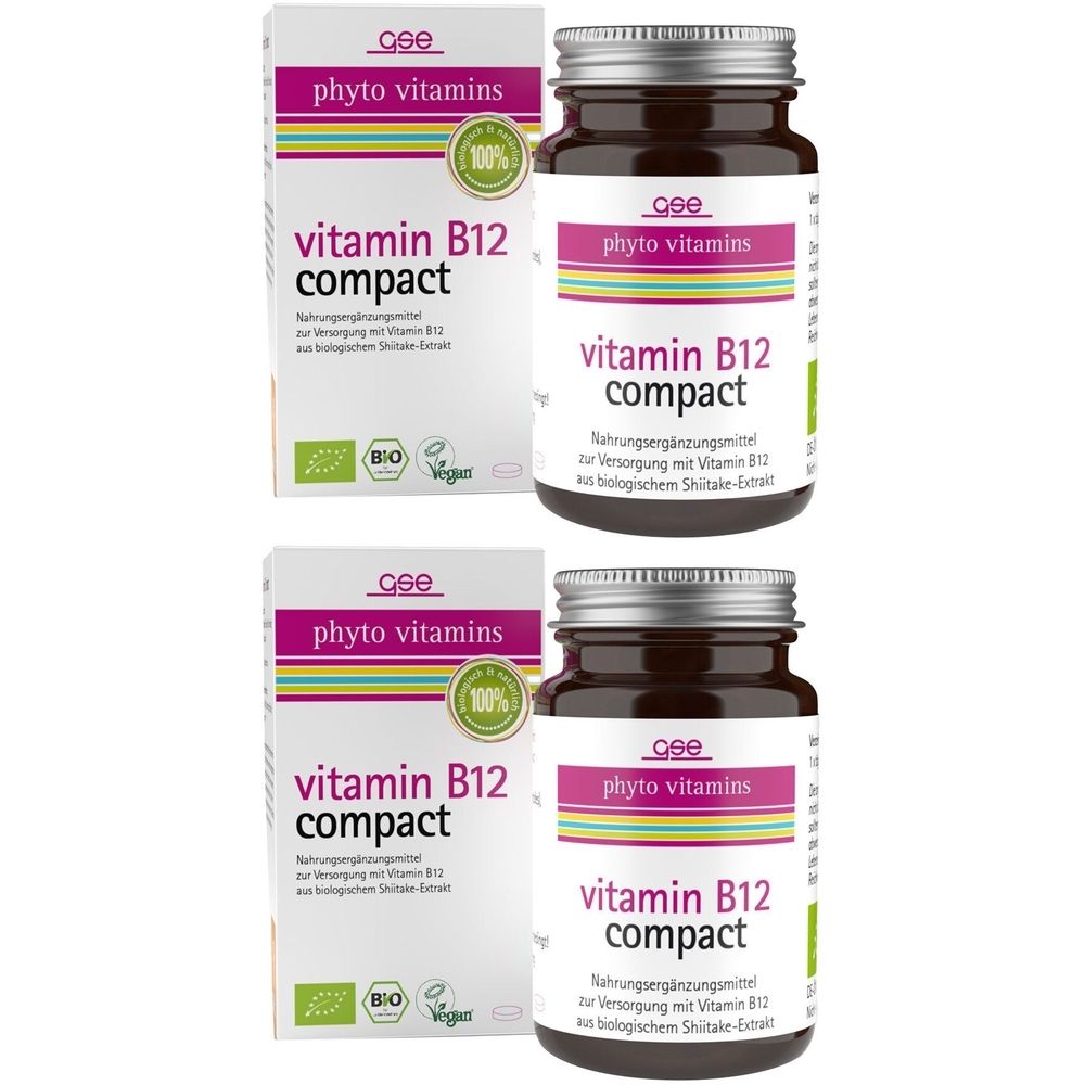 Zwei Packungen und zwei Flaschen mit Vitamin B12 compact. Aufschrift: phyto vitamins, Vitamin B12 compact, Bio-Siegel, 100%.