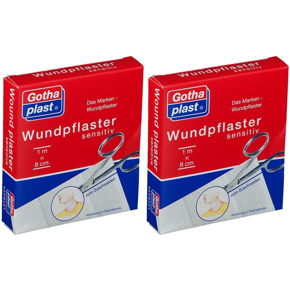 Zwei rechteckige Packungen Wundpflaster. Rote Verpackung mit weißer Schrift. Marke Gothaplast. Größe: 1 m x 8 cm. Schere abgebildet.