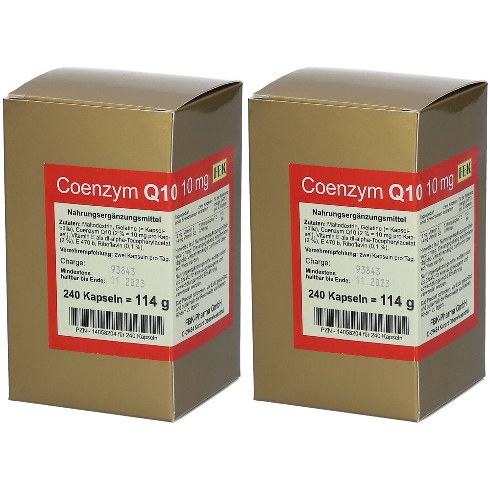 Zwei goldfarbene Kartons mit rotem Etikett. Aufschrift: Coenzym Q10 10 mg. 240 Kapseln = 114 g. Nahrungsergänzungsmittel.