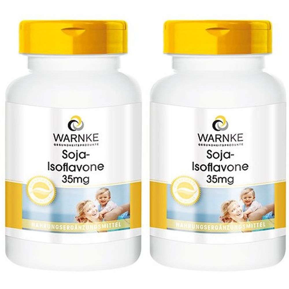 Zwei weiße Flaschen mit gelbem Deckel. Aufschrift: WARNKE Soja-Isoflavone 35mg. Abbildung von Mutter und Kind.