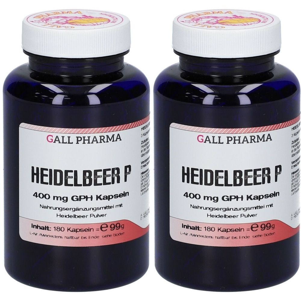 Zwei Flaschen mit blauer Hülle und weißem Deckel. Aufschrift: GALL PHARMA, HEIDELBEER P, 400 mg GPH Kapseln. Nahrungsergänzungsmittel.