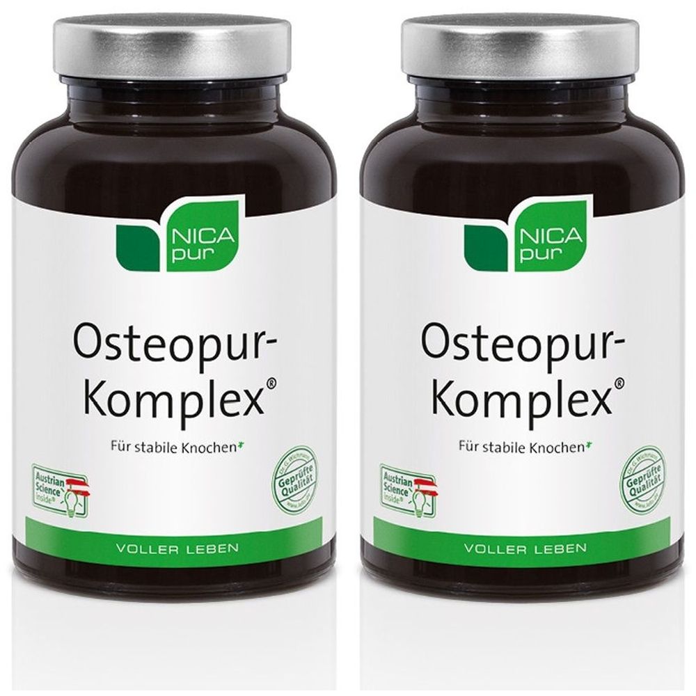 Zwei Flaschen nicapur® Osteopur-Komplex® Kapseln. Braune Flaschen mit silbernen Deckeln und weißen Etiketten. Text: Osteopur-Komplex®.