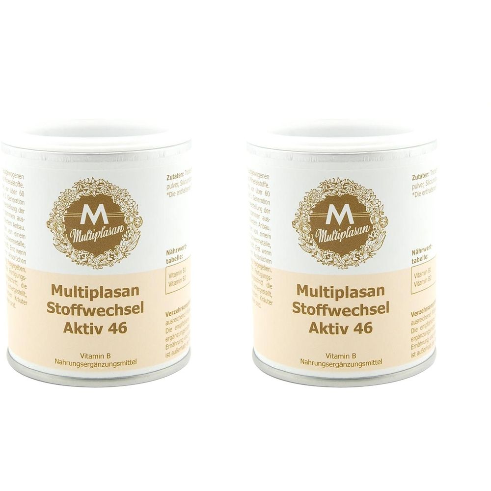 Zwei zylindrische Dosen. Aufschrift: Multiplasan Stoffwechsel Aktiv 46. Logo mit „M“. Vitamin B. Nahrungsergänzungsmittel.