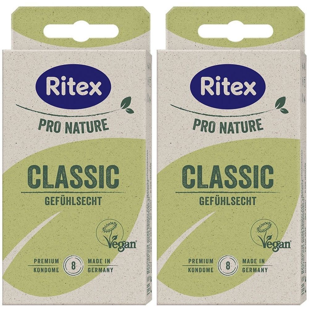 Zwei Packungen Kondome. Aufschrift: Ritex Pro Nature Classic Gefühlsecht. Vegan-Siegel. 8 Kondome pro Packung. Hergestellt in Deutschland.