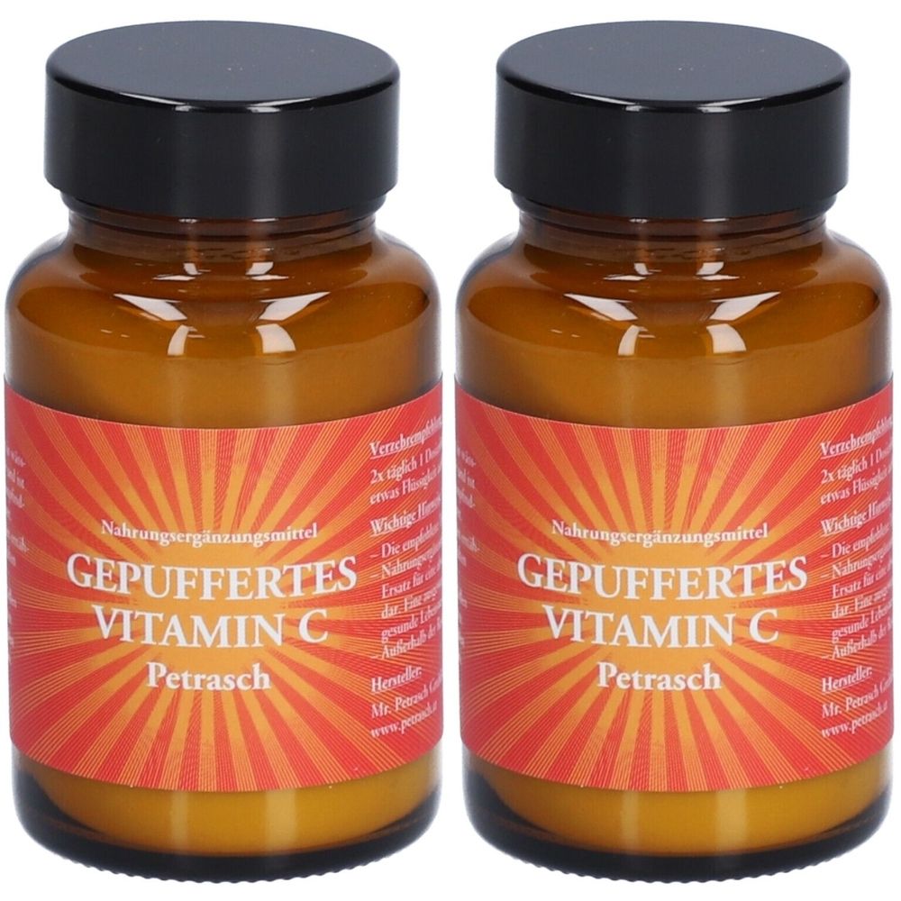 Zwei braune Glasflaschen mit schwarzem Deckel. Auf dem Etikett steht "GEPUFFERTES VITAMIN C Petrasch".