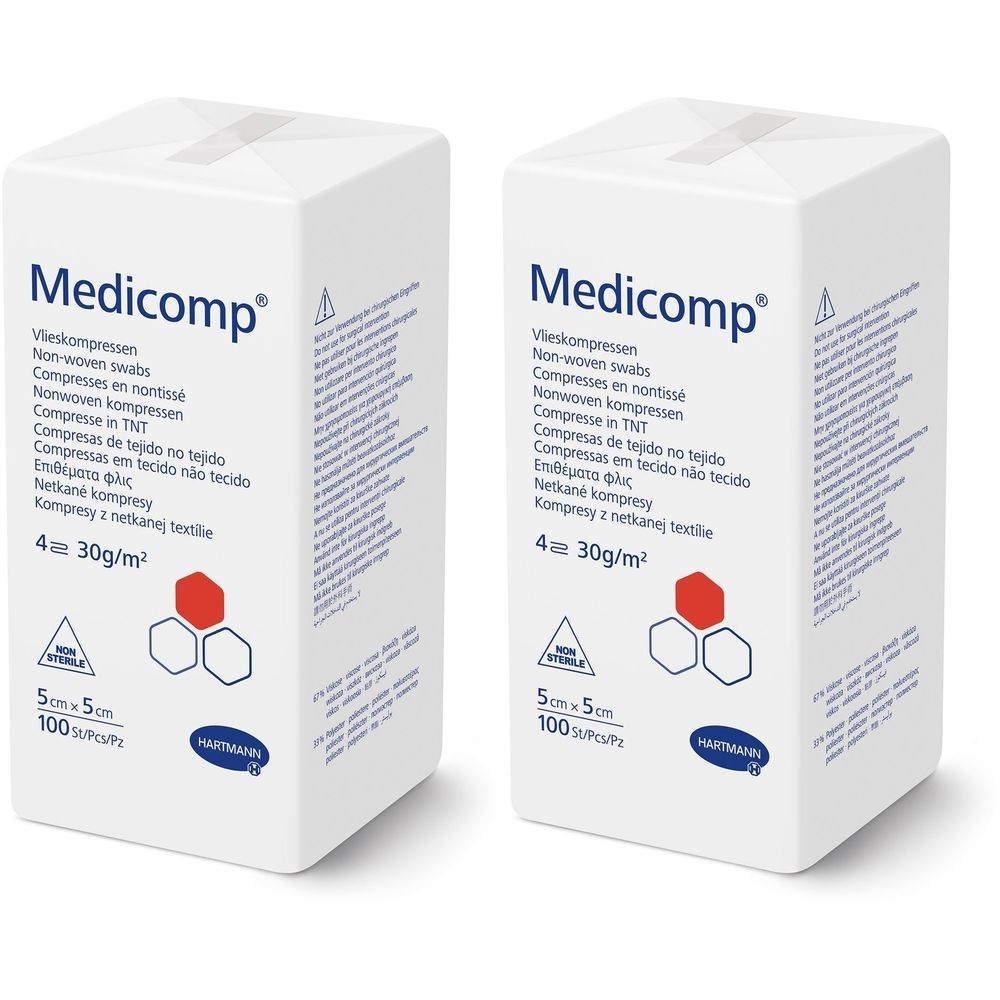 Zwei weiße Kartons mit "Medicomp"-Aufdruck. Text in mehreren Sprachen. 5x5 cm, 100 Stück.