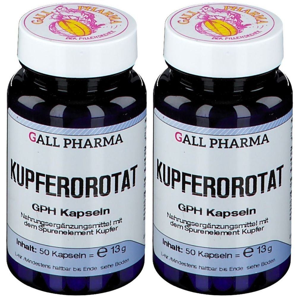 Zwei Flaschen mit weißen Etiketten. Aufschrift: KUPFEROROTAT, GPH Kapseln. Enthält 50 Kapseln. Marke: GALL PHARMA. Deckel mit Logo.