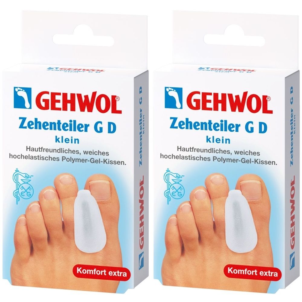 Zwei Packungen GEHWOL Zehenteiler G D. Weiße Verpackung mit Produktabbildung und Text. Aufschrift: "Komfort extra".