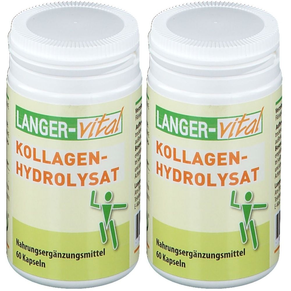 Zwei weiße Flaschen mit Schraubverschluss. Auf den Etiketten steht "LANGER-vital KOLLAGEN-HYDROLYSAT". Darunter "Nahrungsergänzungsmittel" und "60 Kapseln".