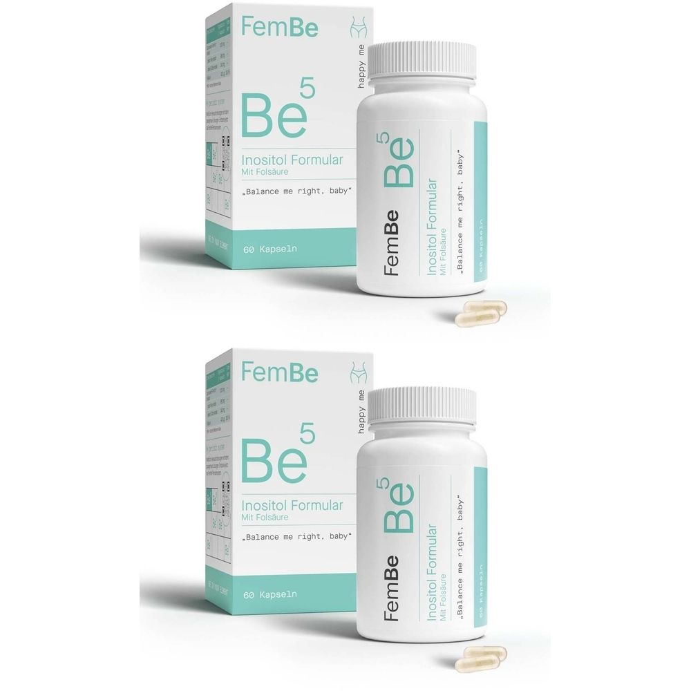 Zwei Packungen und Flaschen von FemBe 5 Inositol Formular. Aufschrift: Be 5, Inositol Formular. Kapseln liegen daneben.