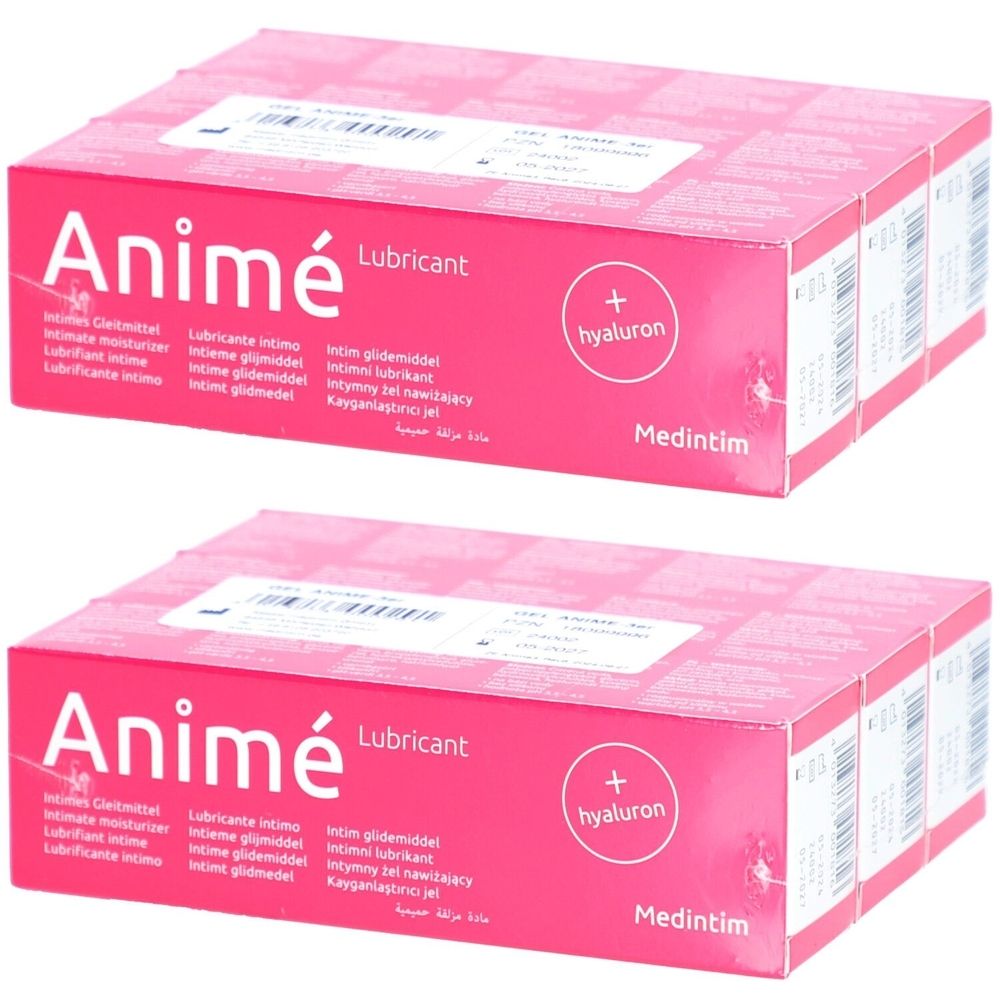Zwei rosa Kartons. Aufdruck: Anime, Lubricant, Hyaluron. Mehrsprachige Produktbezeichnungen. Hersteller: Medintim.