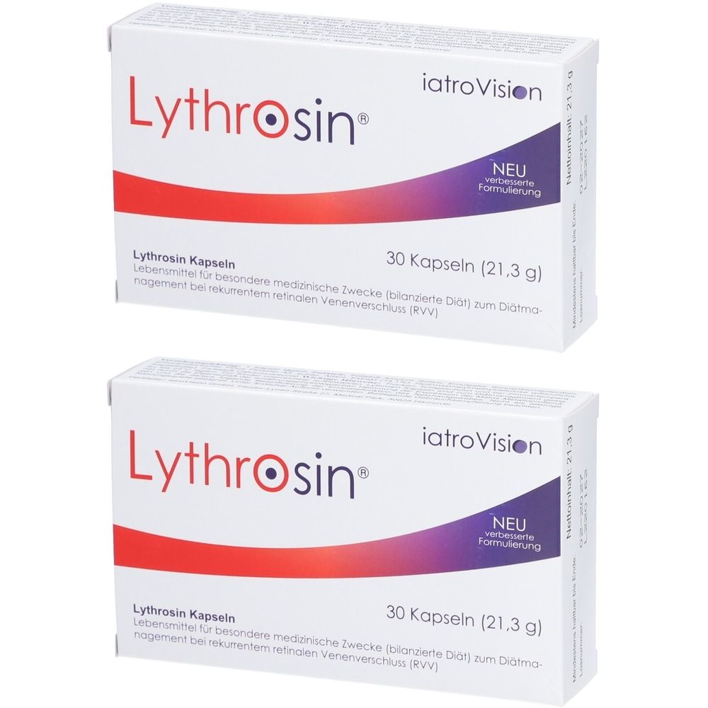 Zwei Schachteln Lythrosin Kapseln. Weiße Verpackung mit rotem und violettem Streifen. Text: 30 Kapseln, iatroVision, NEU Formulierung.