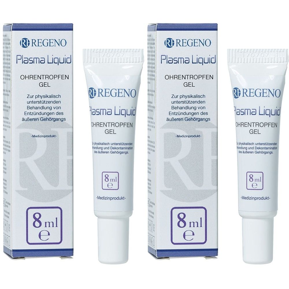 Drei Tuben und zwei Schachteln. Aufschrift: Plasma Liquid Ohrentropfen Gel. 8 ml. Medizinprodukt.