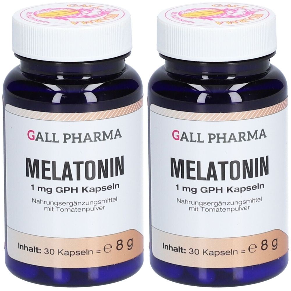 Zwei Flaschen mit MELATONIN 1 mg GPH Kapseln. Blaue Flaschen mit weißem Etikett und Deckel. Aufschrift: GALL PHARMA, MELATONIN, 30 Kapseln.