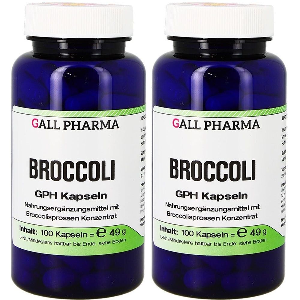 Zwei blaue Flaschen mit weißen Deckeln. Aufschrift: GALL PHARMA BROCCOLI GPH Kapseln. Nahrungsergänzungsmittel. Inhalt: 100 Kapseln.