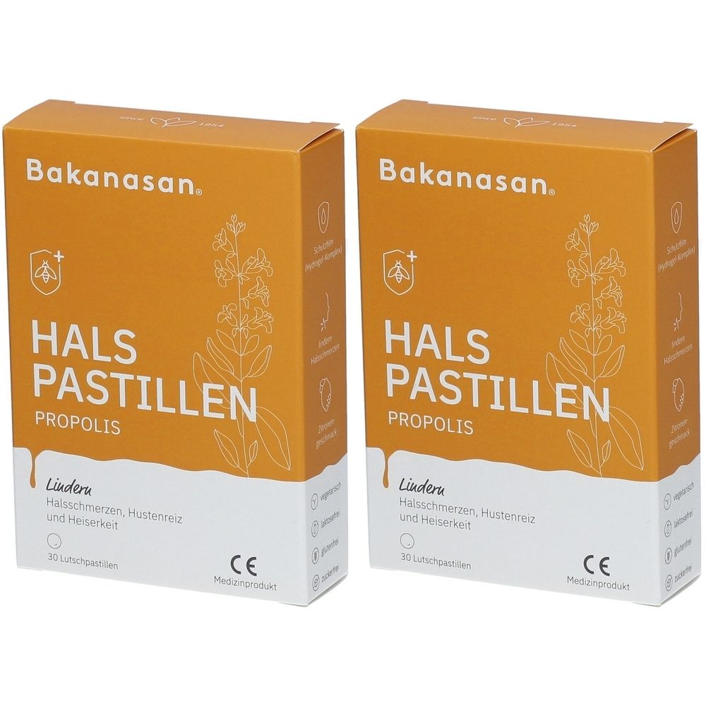 Zwei orangefarbene Schachteln mit der Aufschrift Bakanasan HALS PASTILLEN PROPOLIS. CE-Kennzeichnung.