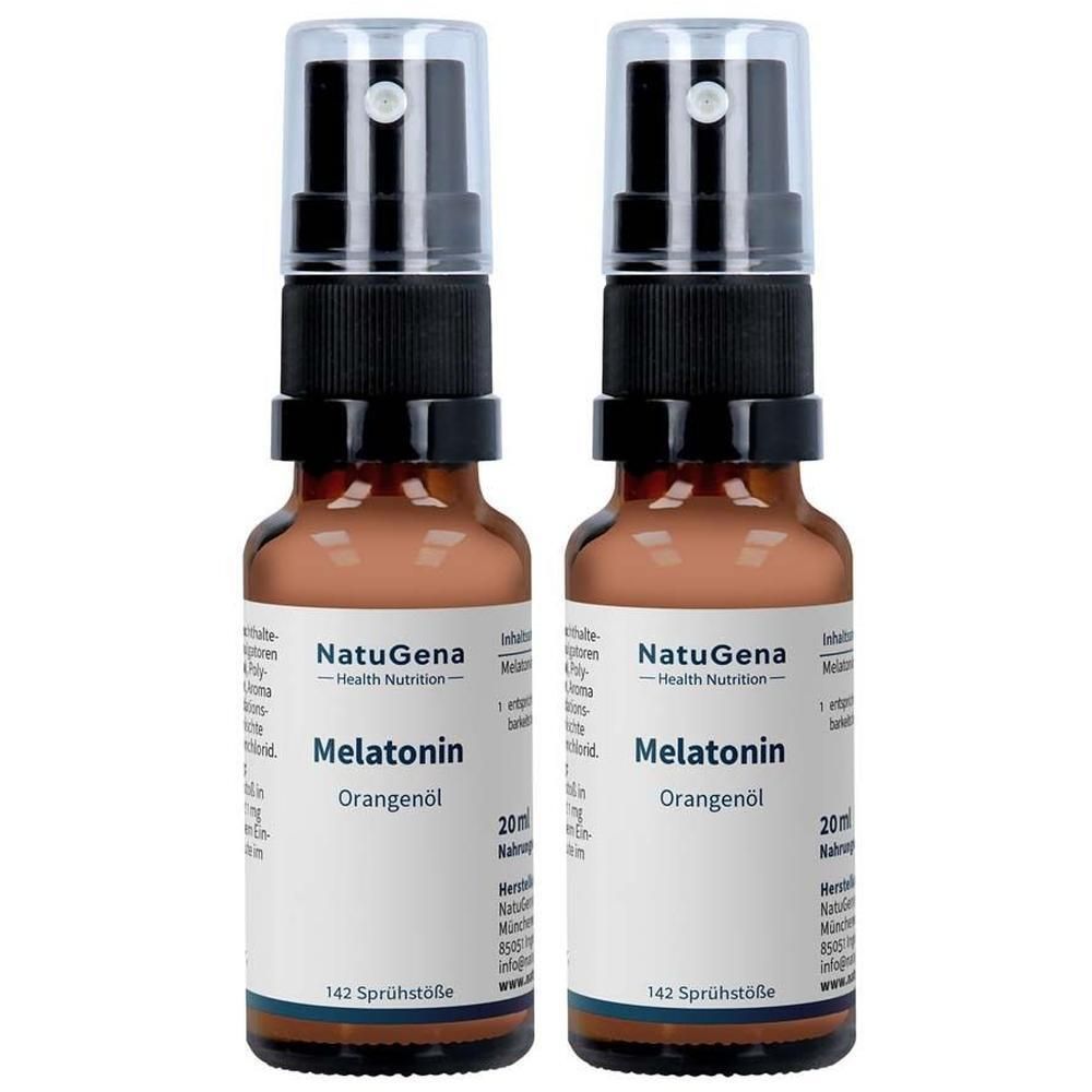 Zwei Flaschen Melatonin NanoSpray von NatuGena, je 20ml, mit Sprühkopf.