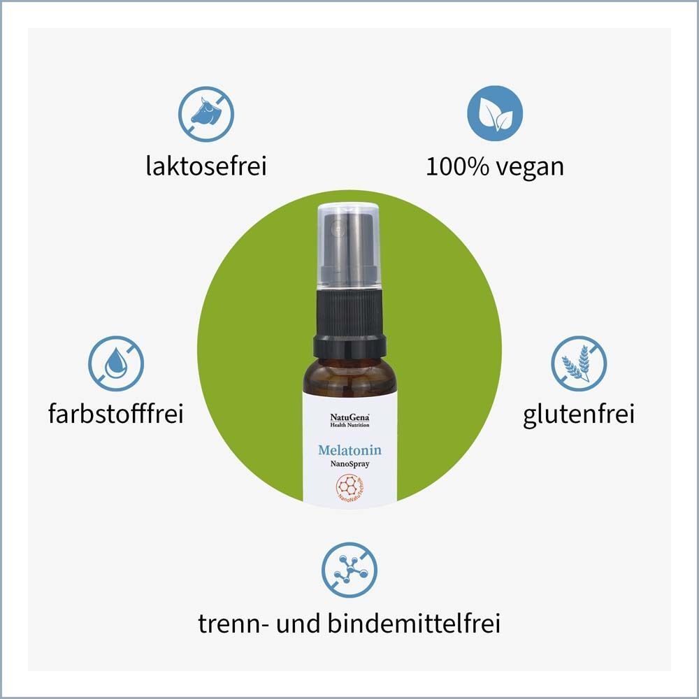 NatuGena Melatonin NanoSpray in einer Glasflasche, umgeben von Icons: laktosefrei, 100% vegan, farbstofffrei, glutenfrei, trenn- und bindemittelfrei.