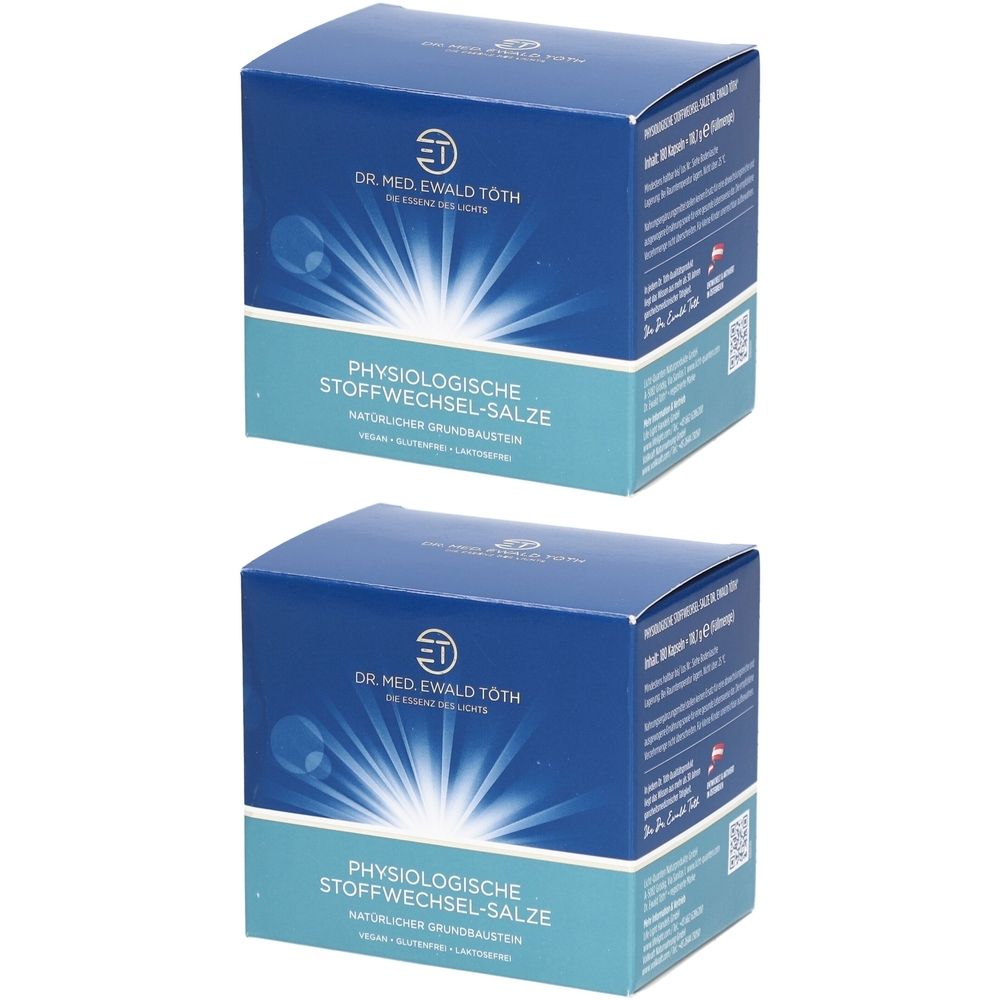 Zwei blaue Kartons mit Produktinformationen. Aufschrift: Physiologische Stoffwechsel-Salze. Logo und Name des Herstellers.